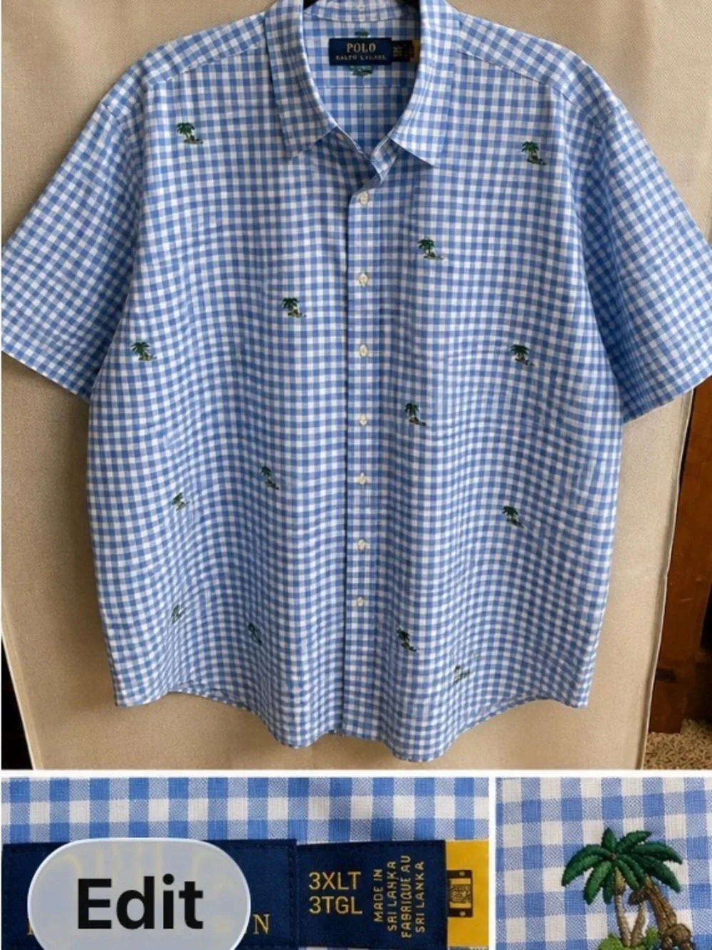 Polo Ralph Lauren Blue Gingham Palm Tree Embroidered Shirt Men’s 3XL